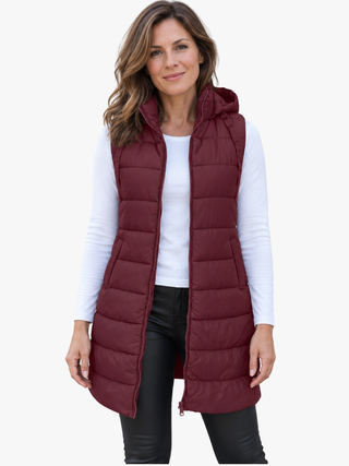 Camille | Chaleco Largo Acolchado con Capucha y Cremallera para Mujer