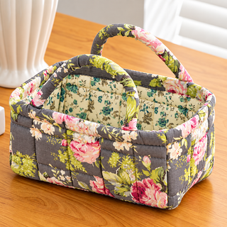 Petalvere | Cesta de Almacenamiento Acolchada con Estampado Floral Gris y Asas