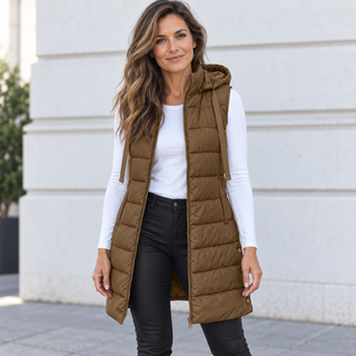Camille | Chaleco Largo Acolchado con Capucha y Cremallera para Mujer