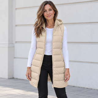 Camille | Chaleco Largo Acolchado con Capucha y Cremallera para Mujer