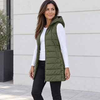 Camille | Chaleco Largo Acolchado con Capucha y Cremallera para Mujer