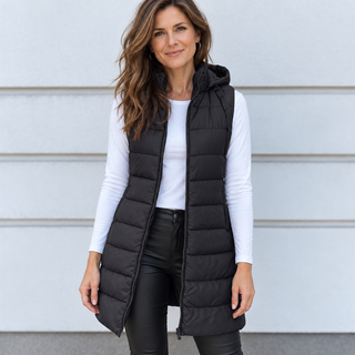 Camille | Chaleco Largo Acolchado con Capucha y Cremallera para Mujer