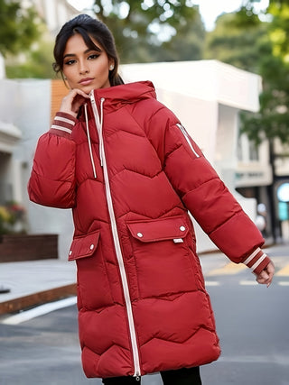 Ravelle | Chaqueta Acolchada Larga para Mujer con Capucha y Bolsillos Delanteros