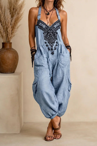 Marina | Mono Bohemio de Mujer Bordado con Tirantes y Bolsillos