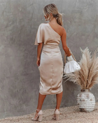 Vestido midi asimétrico drapeado para mujeres - Cortney 1