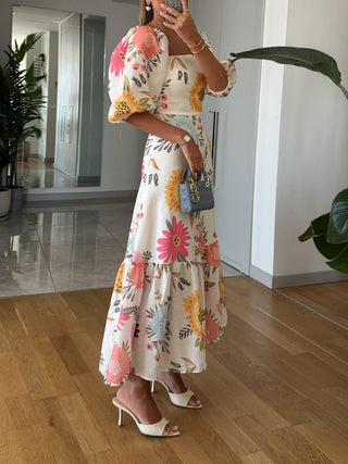 Celine | Vestido Largo de Mujer con Escote Cuadrado Estampado Floral y Mangas Abullonadas