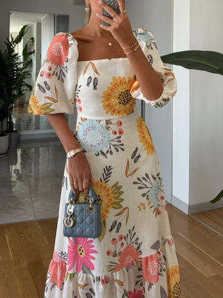 Celine | Vestido Largo de Mujer con Escote Cuadrado Estampado Floral y Mangas Abullonadas