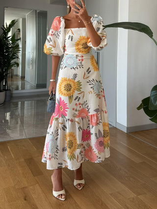 Celine | Vestido Largo de Mujer con Escote Cuadrado Estampado Floral y Mangas Abullonadas