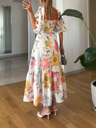 Celine | Vestido Largo de Mujer con Escote Cuadrado Estampado Floral y Mangas Abullonadas