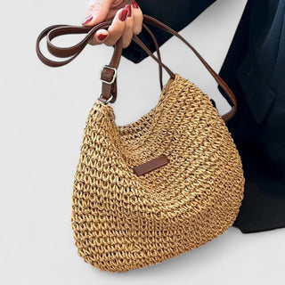 Marlowen | Bolso de Rafia Trenzada con Bandolera de Cuero para Mujer
