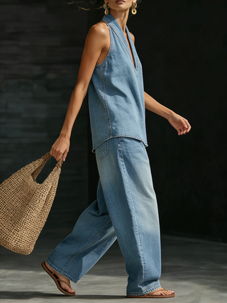 Delphinne | Conjunto Denim de Top Halter y Jeans Anchos para Mujer