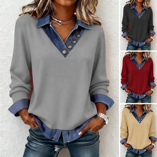 Emilia | Blusa de Mujer con Efecto Superpuesto Cuello Denim y Botones