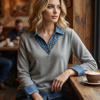 Emilia | Blusa de Mujer con Efecto Superpuesto Cuello Denim y Botones