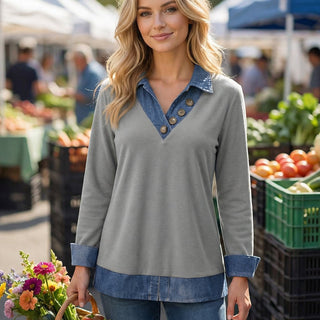 Emilia | Blusa de Mujer con Efecto Superpuesto Cuello Denim y Botones