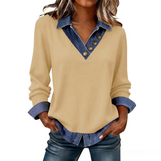 Emilia | Blusa de Mujer con Efecto Superpuesto Cuello Denim y Botones